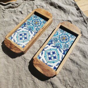 2 Kamsah Olive Wood Serving Trays with Ceramic Tiles